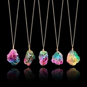 Gold wire wrapped crystal gold chain long pendulum necklaces rainbow chakra